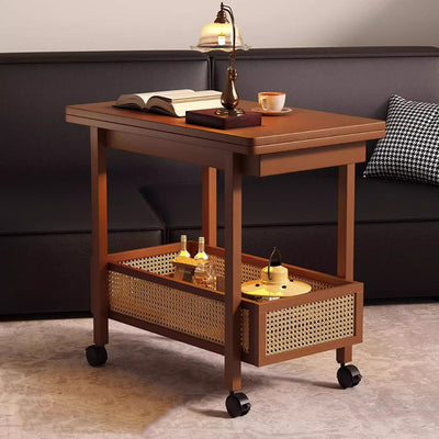 Traditional Chinese Bamboo Composite Board Plastic Rattan Rectangular Foldable Mobile Coffee Table With 1 Tier For Living Room