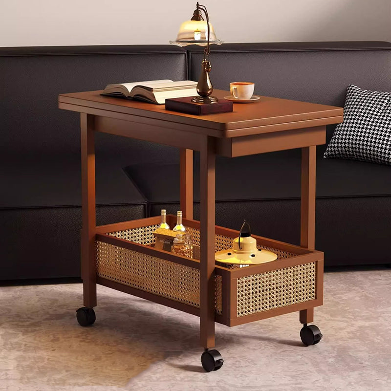 Traditional Chinese Bamboo Composite Board Plastic Rattan Rectangular Foldable Mobile Coffee Table With 1 Tier For Living Room