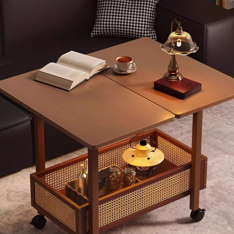 Traditional Chinese Bamboo Composite Board Plastic Rattan Rectangular Foldable Mobile Coffee Table With 1 Tier For Living Room