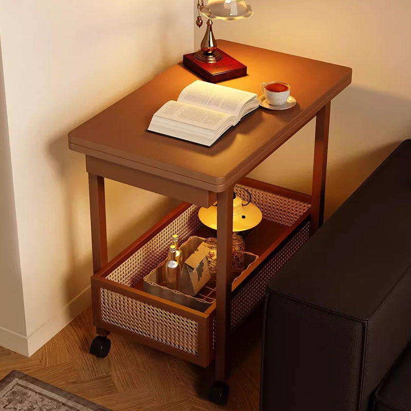 Traditional Chinese Bamboo Composite Board Plastic Rattan Rectangular Foldable Mobile Coffee Table With 1 Tier For Living Room