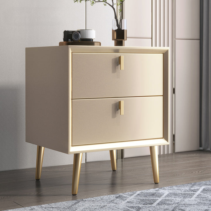 Mesita de noche cilíndrica cuadrada de madera maciza de cuero de microfibra de lujo moderno con 2 cajones para dormitorio 