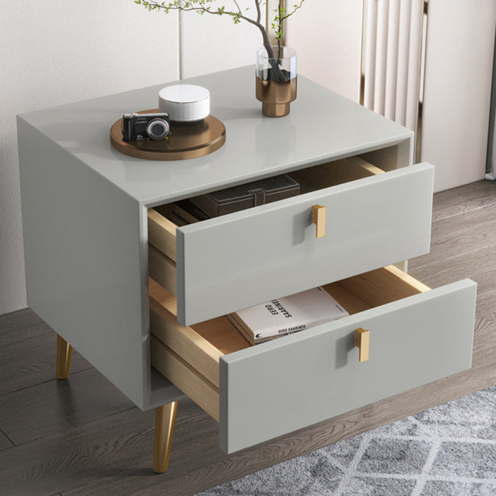 Mesita de noche cilíndrica cuadrada de madera maciza de cuero de microfibra de lujo moderno con 2 cajones para dormitorio 