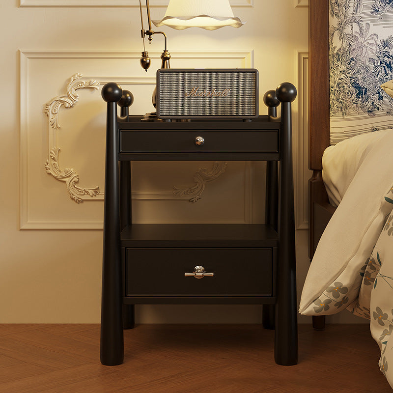 Traditional French Rubber Wood Square Cylindrical Nightstand With 2 Drawers For Bedroom