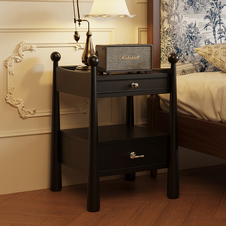 Traditioneller französischer Nachttisch aus Gummibaumholz mit quadratischem zylindrischem Design und 2 Schubladen für das Schlafzimmer 