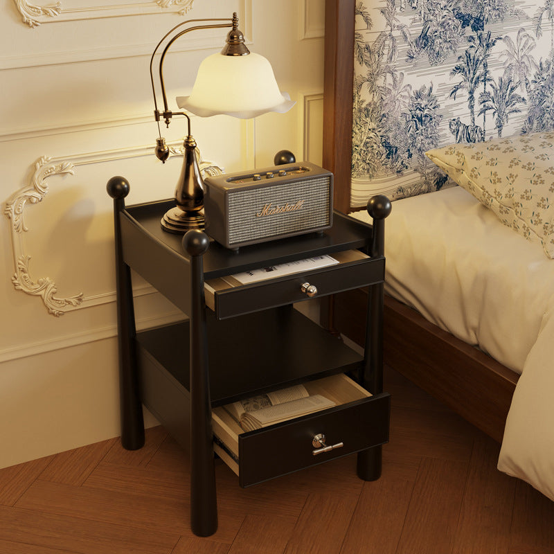 Traditional French Rubber Wood Square Cylindrical Nightstand With 2 Drawers For Bedroom