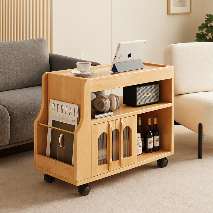 Table d’appoint mobile rectangulaire traditionnelle vintage en bois massif, métal et verre avec 3 niveaux pour salon 
