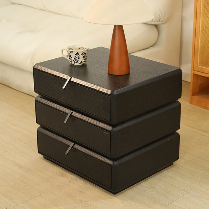 Zeitgenössischer kreativer Nachttisch aus massivem Holz mit drehbarem quadratischem Design und 3 Schubladen für das Schlafzimmer 