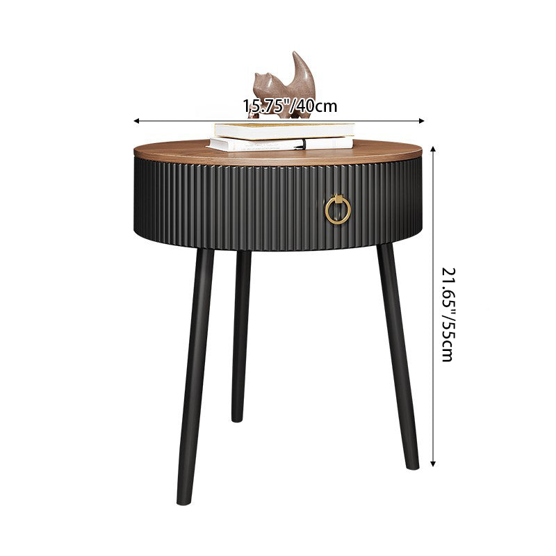 Modern Luxury Solid Wood Iron PVC Round Textured Nightstand With 1 Drawer For Bedroom