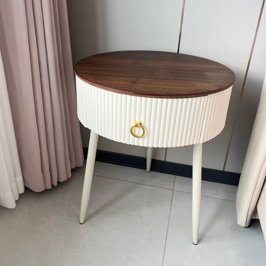 Modern Luxury Solid Wood Iron PVC Round Textured Nightstand With 1 Drawer For Bedroom