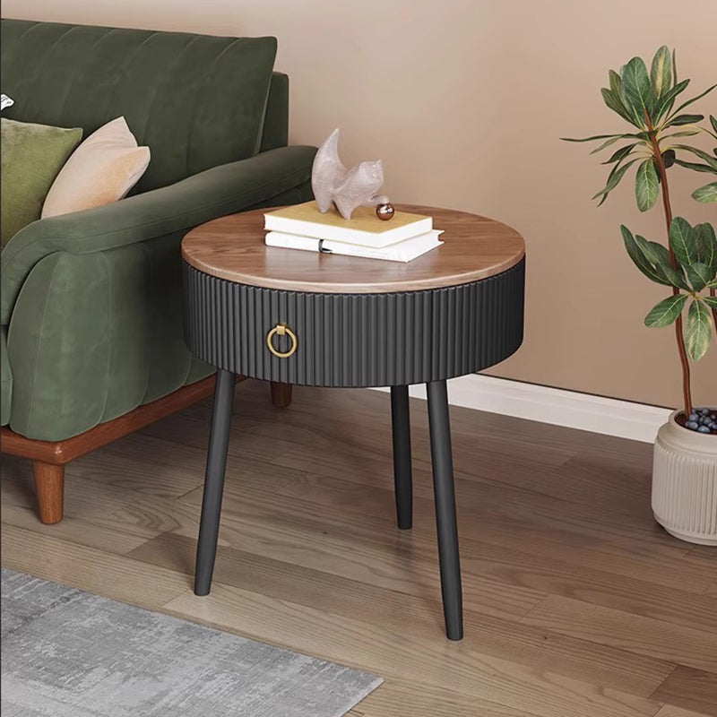 Modern Luxury Solid Wood Iron PVC Round Textured Nightstand With 1 Drawer For Bedroom