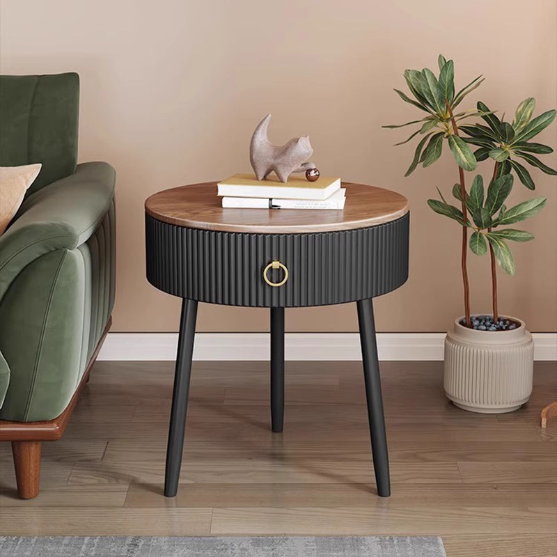 Modern Luxury Solid Wood Iron PVC Round Textured Nightstand With 1 Drawer For Bedroom