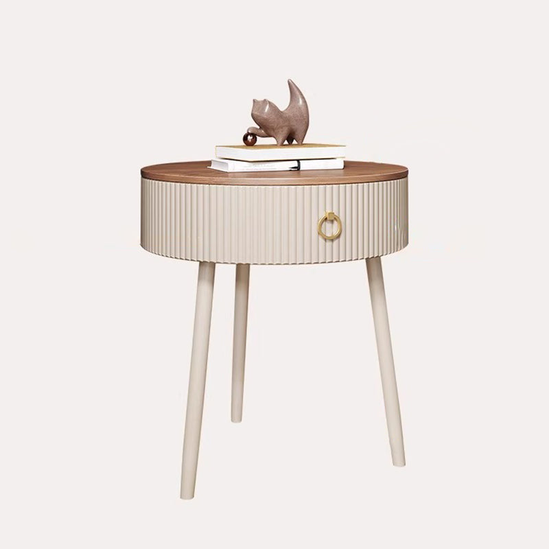 Modern Luxury Solid Wood Iron PVC Round Textured Nightstand With 1 Drawer For Bedroom