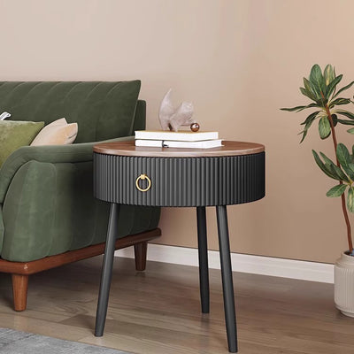 Modern Luxury Solid Wood Iron PVC Round Textured Nightstand With 1 Drawer For Bedroom