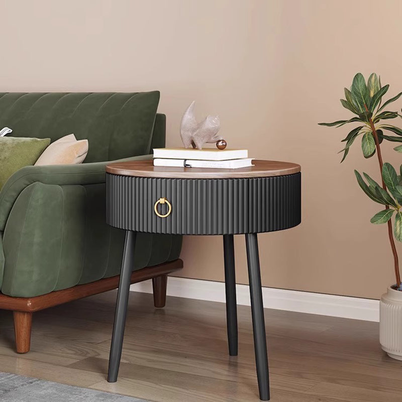 Modern Luxury Solid Wood Iron PVC Round Textured Nightstand With 1 Drawer For Bedroom