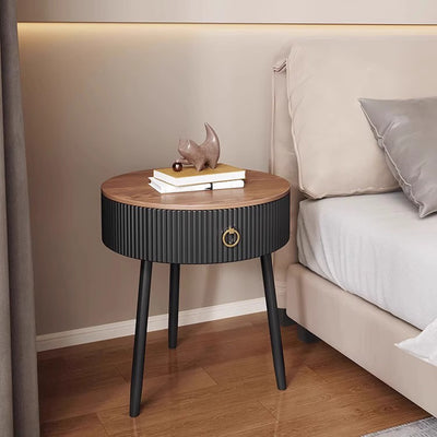 Modern Luxury Solid Wood Iron PVC Round Textured Nightstand With 1 Drawer For Bedroom