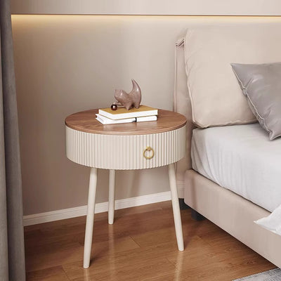 Modern Luxury Solid Wood Iron PVC Round Textured Nightstand With 1 Drawer For Bedroom