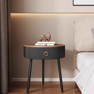 Modern Luxury Solid Wood Iron PVC Round Textured Nightstand With 1 Drawer For Bedroom