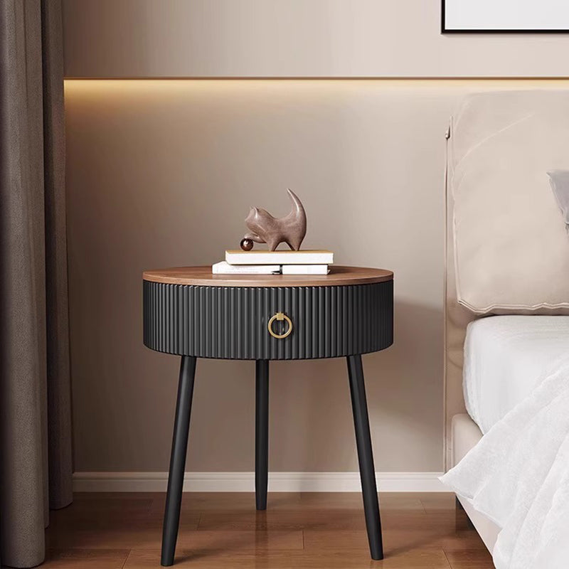 Modern Luxury Solid Wood Iron PVC Round Textured Nightstand With 1 Drawer For Bedroom