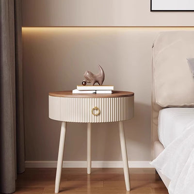 Modern Luxury Solid Wood Iron PVC Round Textured Nightstand With 1 Drawer For Bedroom