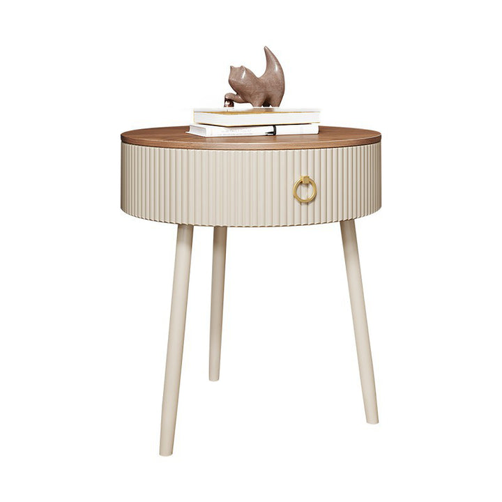 Modern Luxury Solid Wood Iron PVC Round Textured Nightstand With 1 Drawer For Bedroom