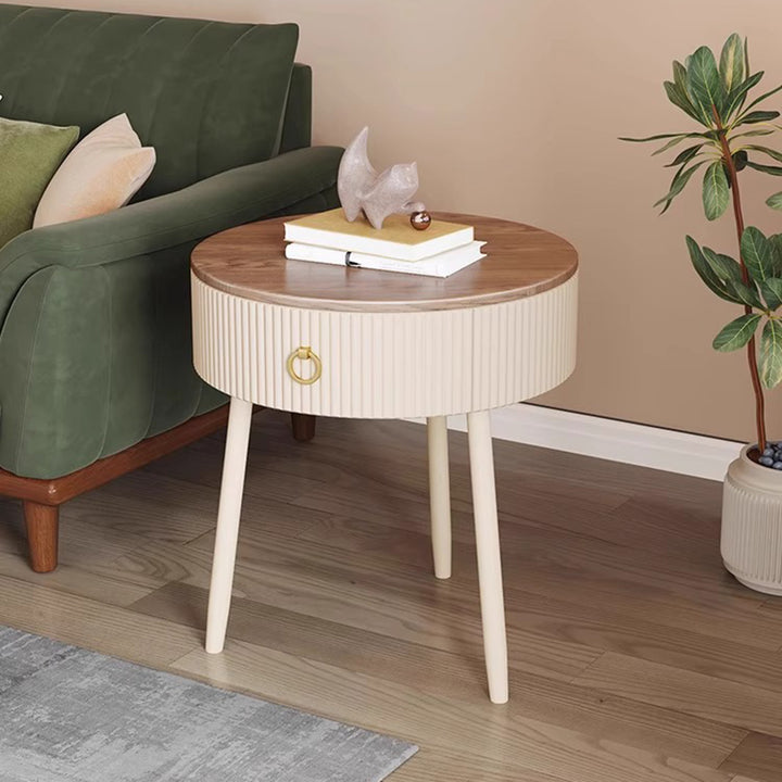 Modern Luxury Solid Wood Iron PVC Round Textured Nightstand With 1 Drawer For Bedroom