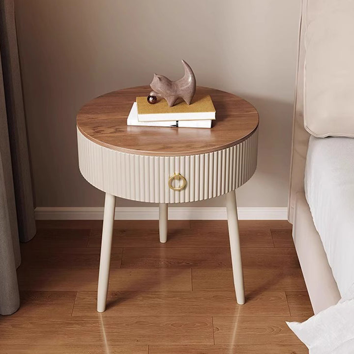 Modern Luxury Solid Wood Iron PVC Round Textured Nightstand With 1 Drawer For Bedroom