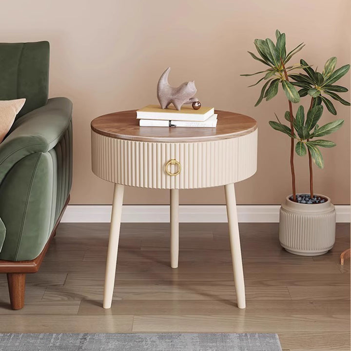 Modern Luxury Solid Wood Iron PVC Round Textured Nightstand With 1 Drawer For Bedroom