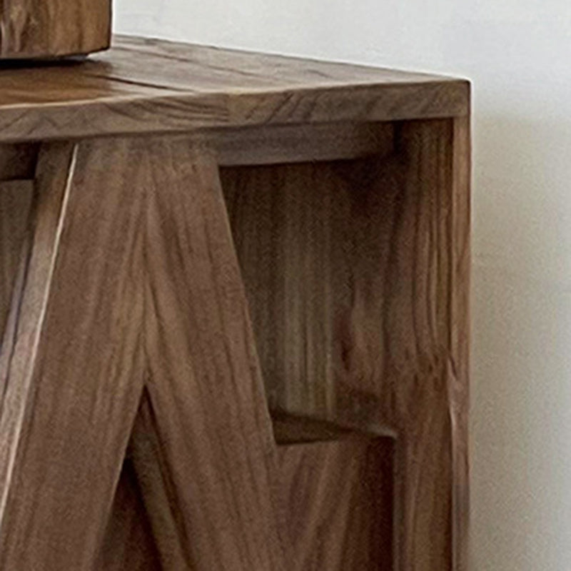 Traditional Japanese Solid Wood Square Nightstand With Inverted-V Legs 2 Tiers For Bedroom