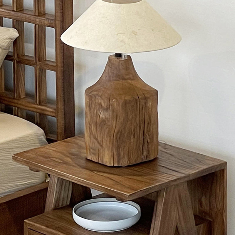 Traditional Japanese Solid Wood Square Nightstand With Inverted-V Legs 2 Tiers For Bedroom