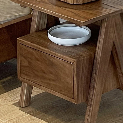 Traditional Japanese Solid Wood Square Nightstand With Inverted-V Legs 2 Tiers For Bedroom