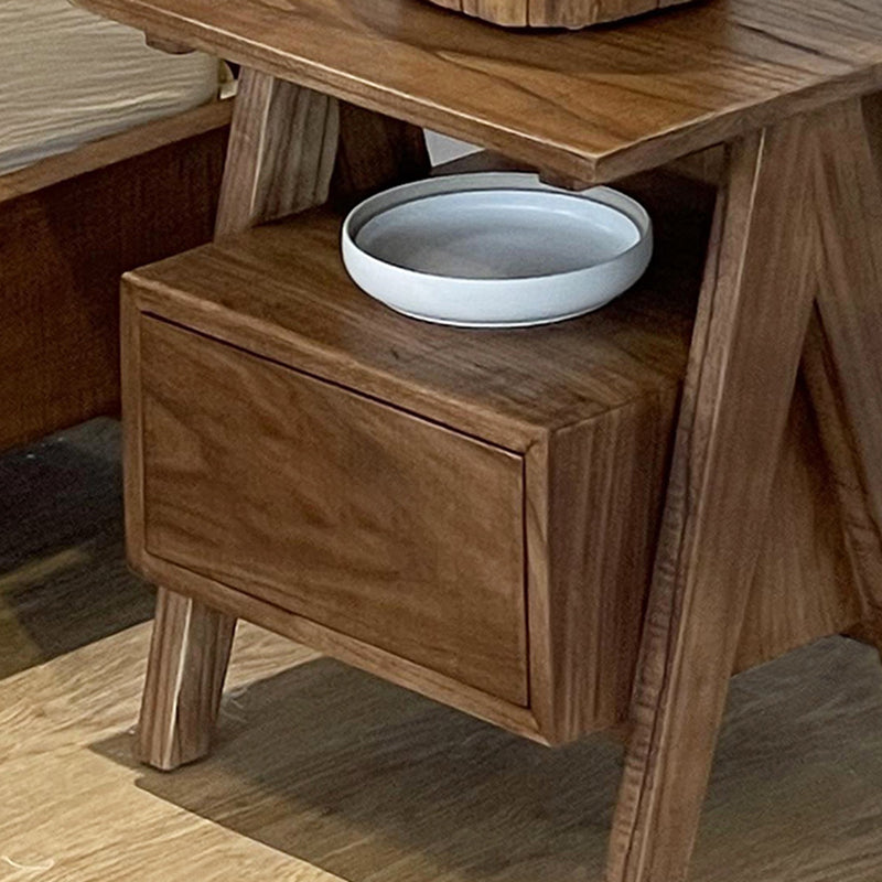 Traditional Japanese Solid Wood Square Nightstand With Inverted-V Legs 2 Tiers For Bedroom