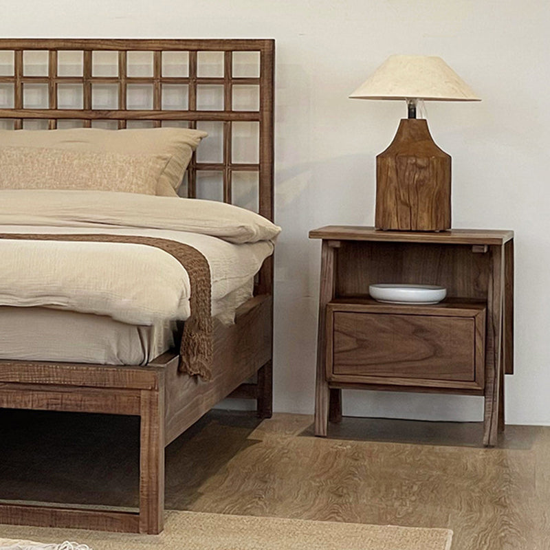 Traditional Japanese Solid Wood Square Nightstand With Inverted-V Legs 2 Tiers For Bedroom