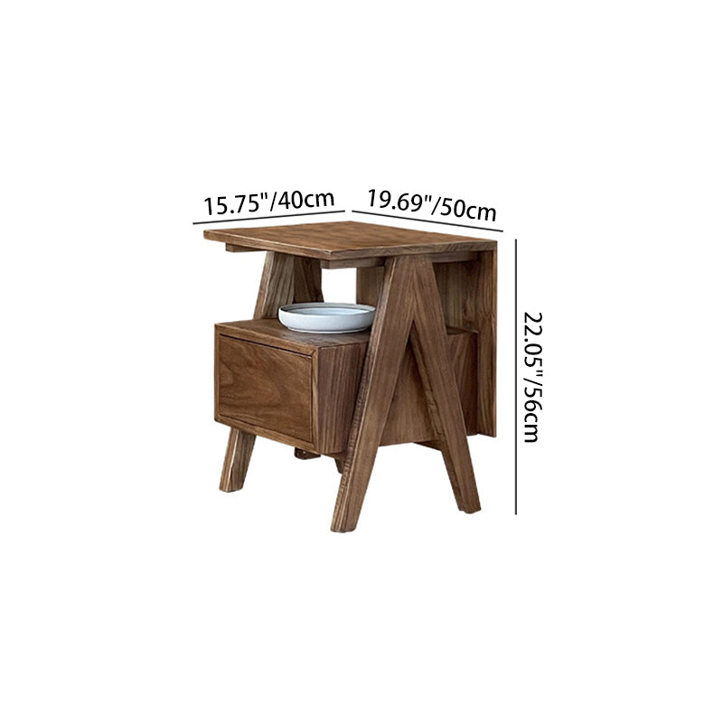Traditional Japanese Solid Wood Square Nightstand With Inverted-V Legs 2 Tiers For Bedroom