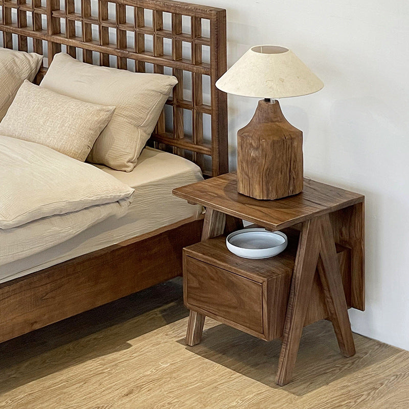 Traditional Japanese Solid Wood Square Nightstand With Inverted-V Legs 2 Tiers For Bedroom