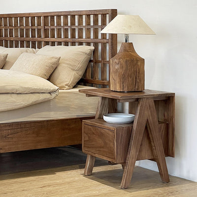 Traditional Japanese Solid Wood Square Nightstand With Inverted-V Legs 2 Tiers For Bedroom