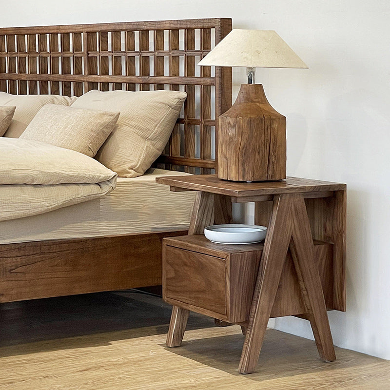 Traditional Japanese Solid Wood Square Nightstand With Inverted-V Legs 2 Tiers For Bedroom