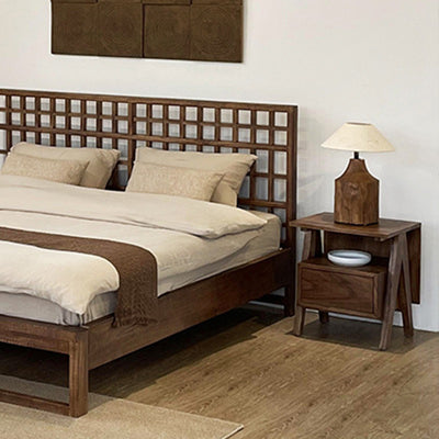 Traditional Japanese Solid Wood Square Nightstand With Inverted-V Legs 2 Tiers For Bedroom