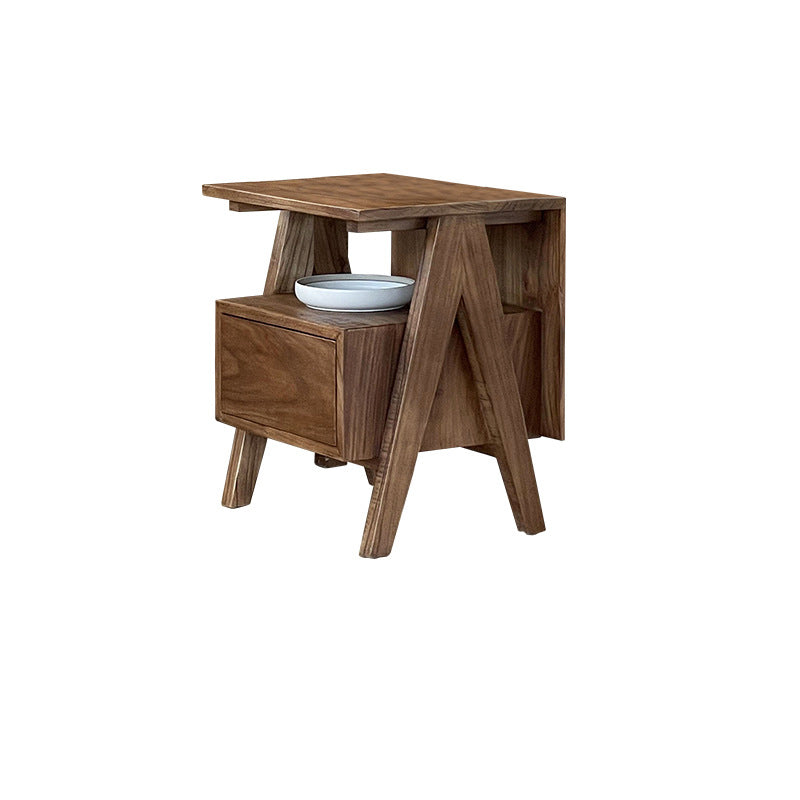 Traditional Japanese Solid Wood Square Nightstand With Inverted-V Legs 2 Tiers For Bedroom