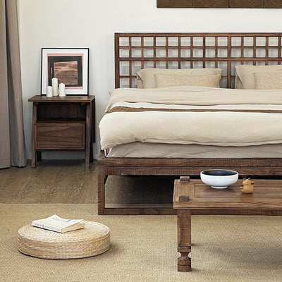 Traditional Japanese Solid Wood Square Nightstand With Inverted-V Legs 2 Tiers For Bedroom