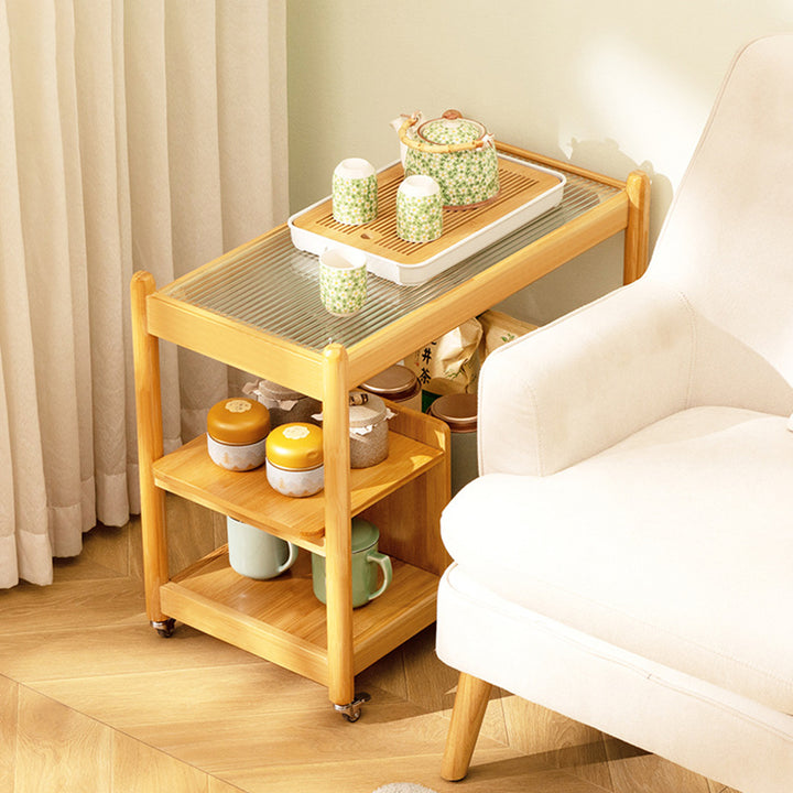 Table basse rectangulaire mobile en verre et bambou au style minimaliste moderne avec 3 niveaux pour salon 