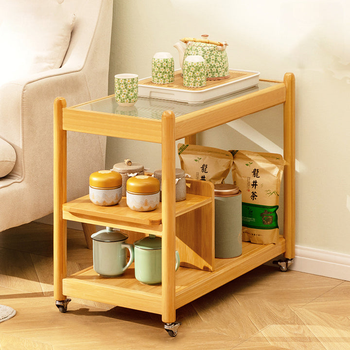 Table basse rectangulaire mobile en verre et bambou au style minimaliste moderne avec 3 niveaux pour salon 