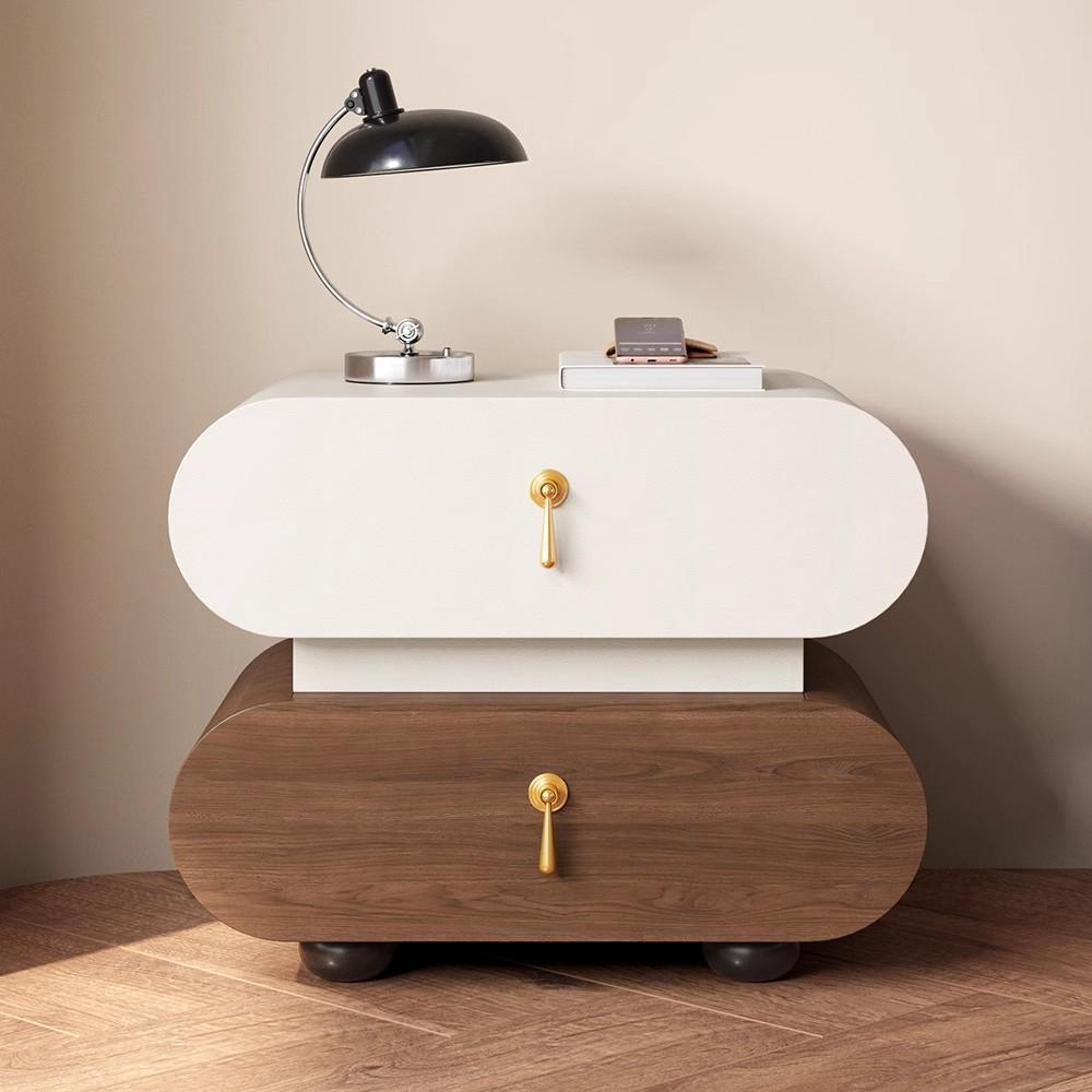 Table de chevet moderne en bois massif et métal, ovale et carrée, avec 2 tiroirs pour chambre à coucher 