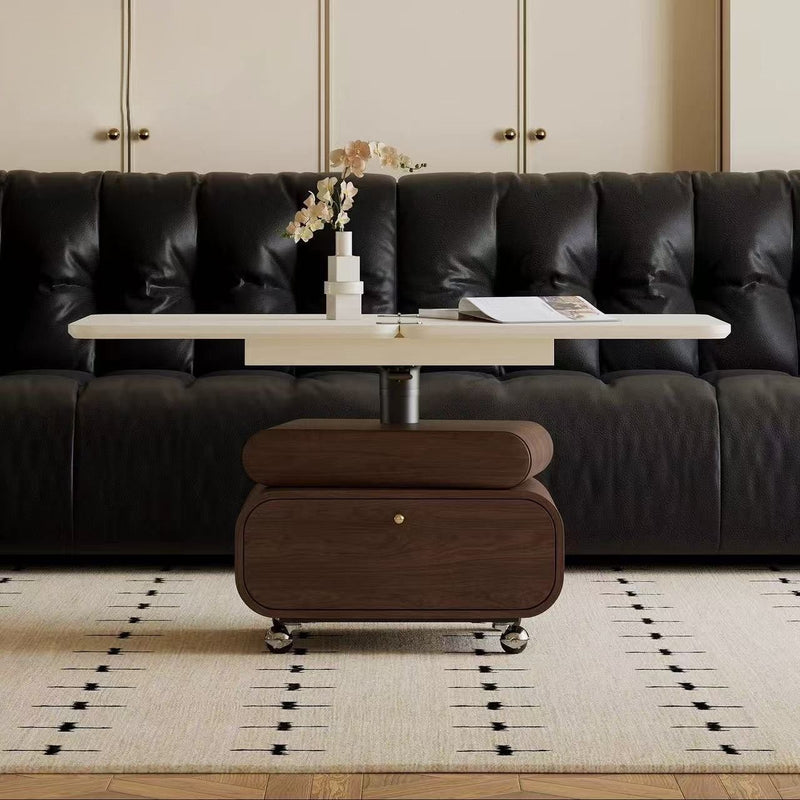 Traditional Chinese Solid Wood Hardware Rounded Square Lift-Top Coffee Table With 1-Tier For Living Room