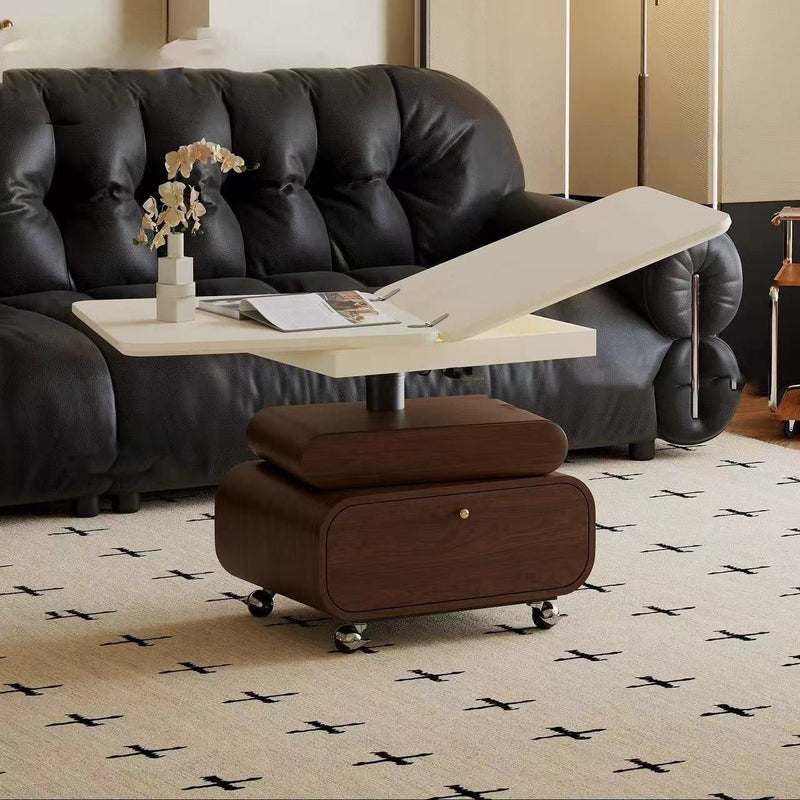 Traditional Chinese Solid Wood Hardware Rounded Square Lift-Top Coffee Table With 1-Tier For Living Room