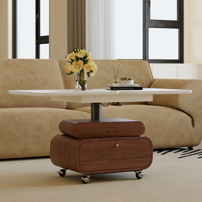 Traditional Chinese Solid Wood Hardware Rounded Square Lift-Top Coffee Table With 1-Tier For Living Room