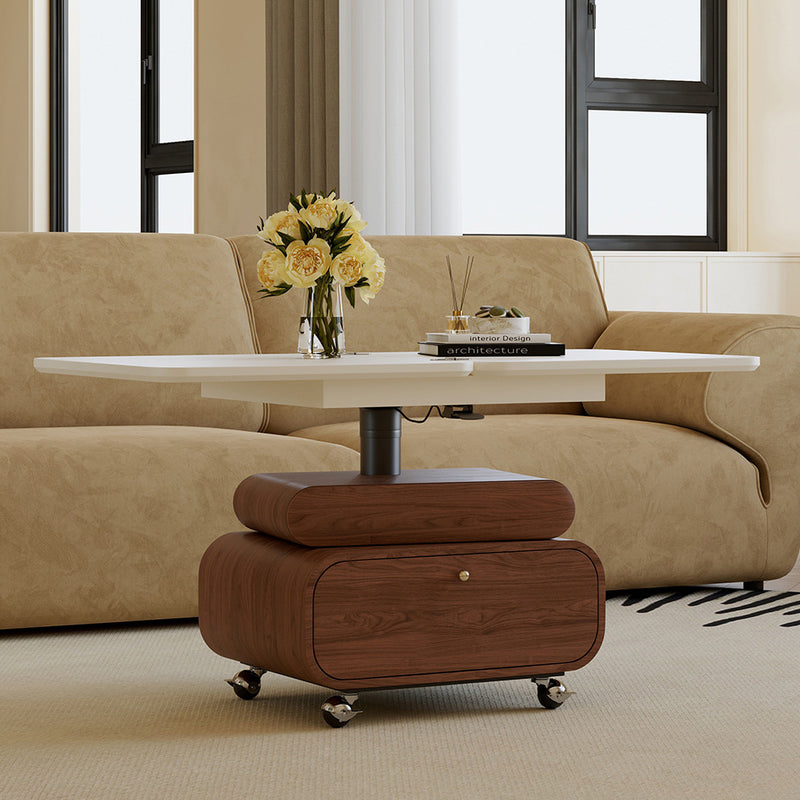 Traditional Chinese Solid Wood Hardware Rounded Square Lift-Top Coffee Table With 1-Tier For Living Room