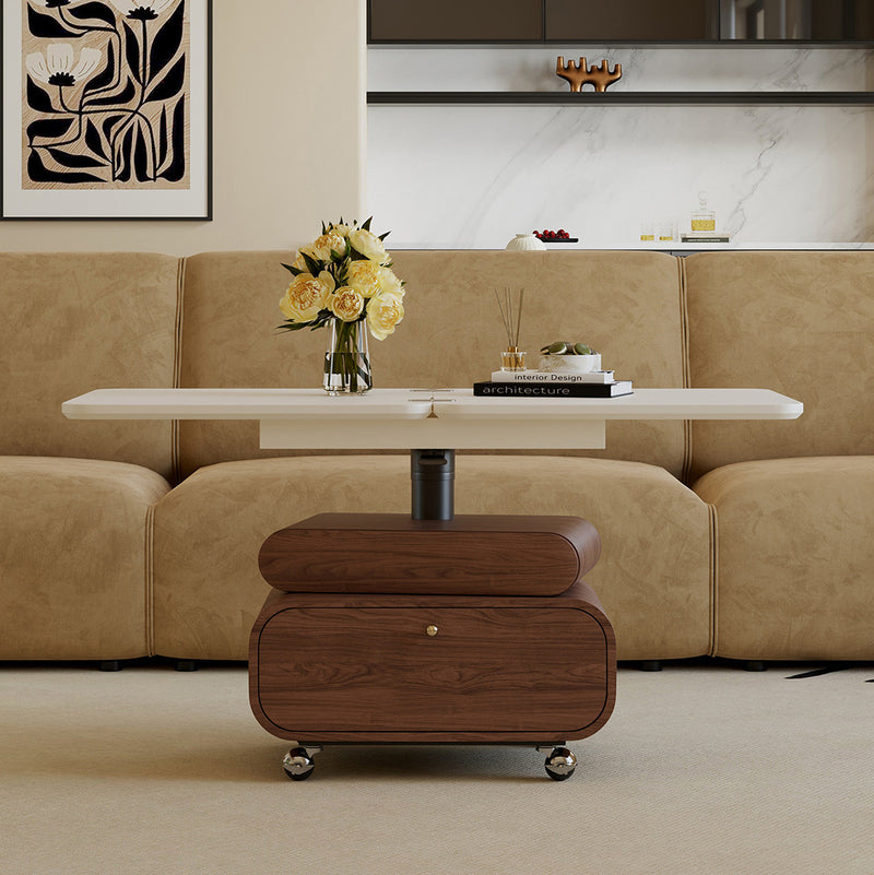 Traditional Chinese Solid Wood Hardware Rounded Square Lift-Top Coffee Table With 1-Tier For Living Room