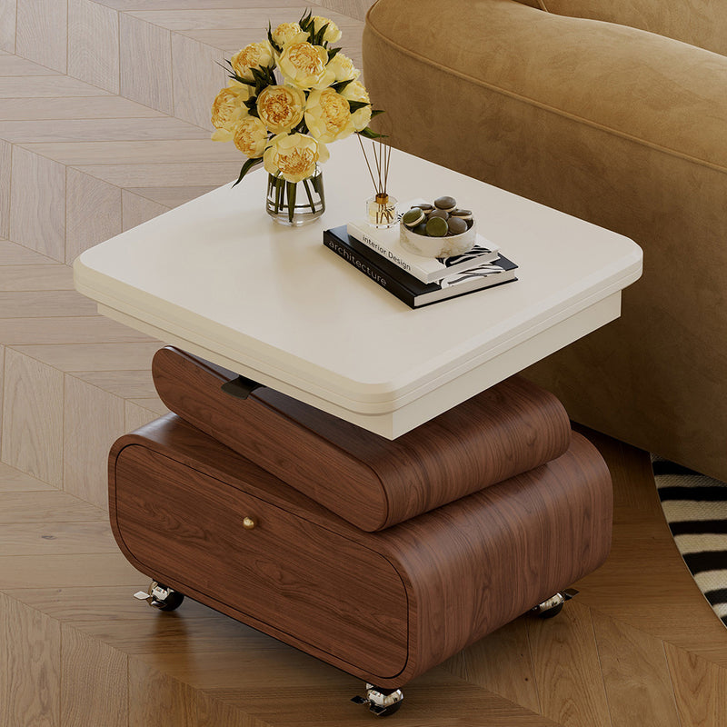 Traditional Chinese Solid Wood Hardware Rounded Square Lift-Top Coffee Table With 1-Tier For Living Room