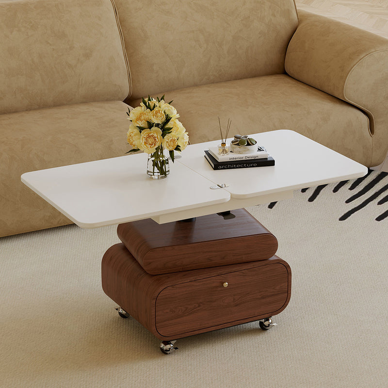 Traditional Chinese Solid Wood Hardware Rounded Square Lift-Top Coffee Table With 1-Tier For Living Room