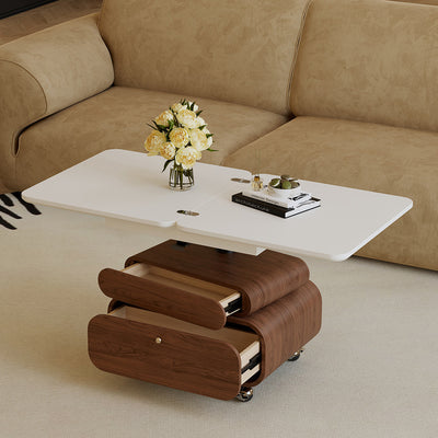 Traditional Chinese Solid Wood Hardware Rounded Square Lift-Top Coffee Table With 1-Tier For Living Room